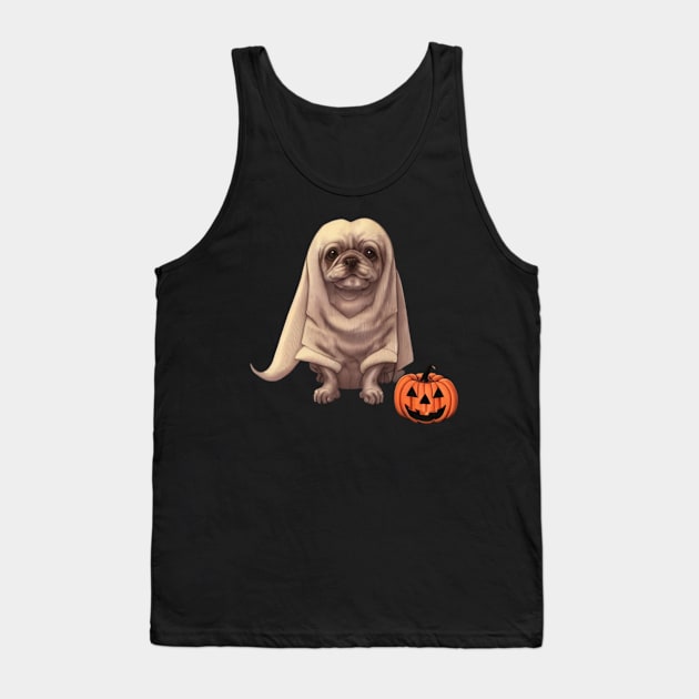 Spooky Halloween Ghost Puppy Fluffy French Bulldog Puppy with Pumpkin Tank Top by Mochabonk